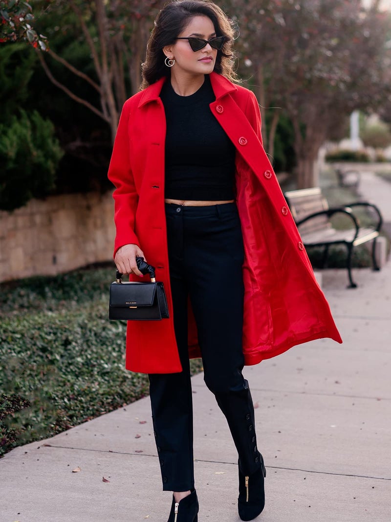 Jenkoon Women's Wool Trench Coat Winter Long Thick Overcoat Walker Coat (Red, Small) - Image 2